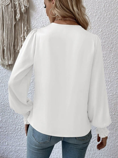 Surplice Smocked Lantern Sleeve Blouse - JDrop.Shop