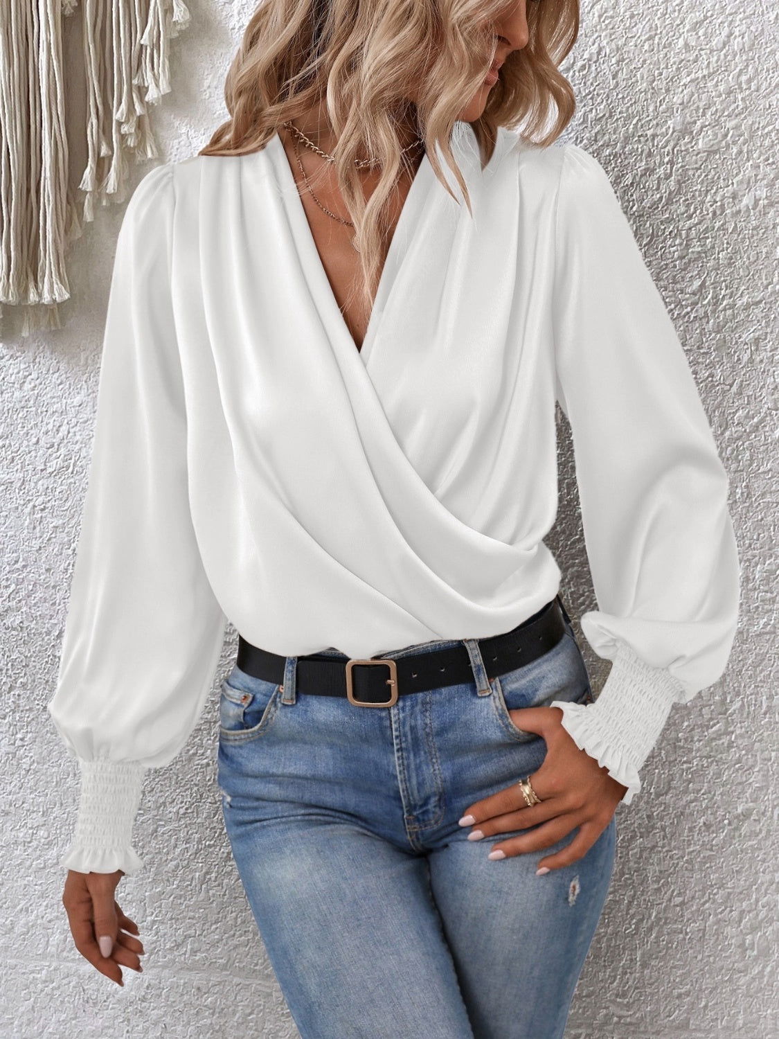 Surplice Smocked Lantern Sleeve Blouse - JDrop.Shop