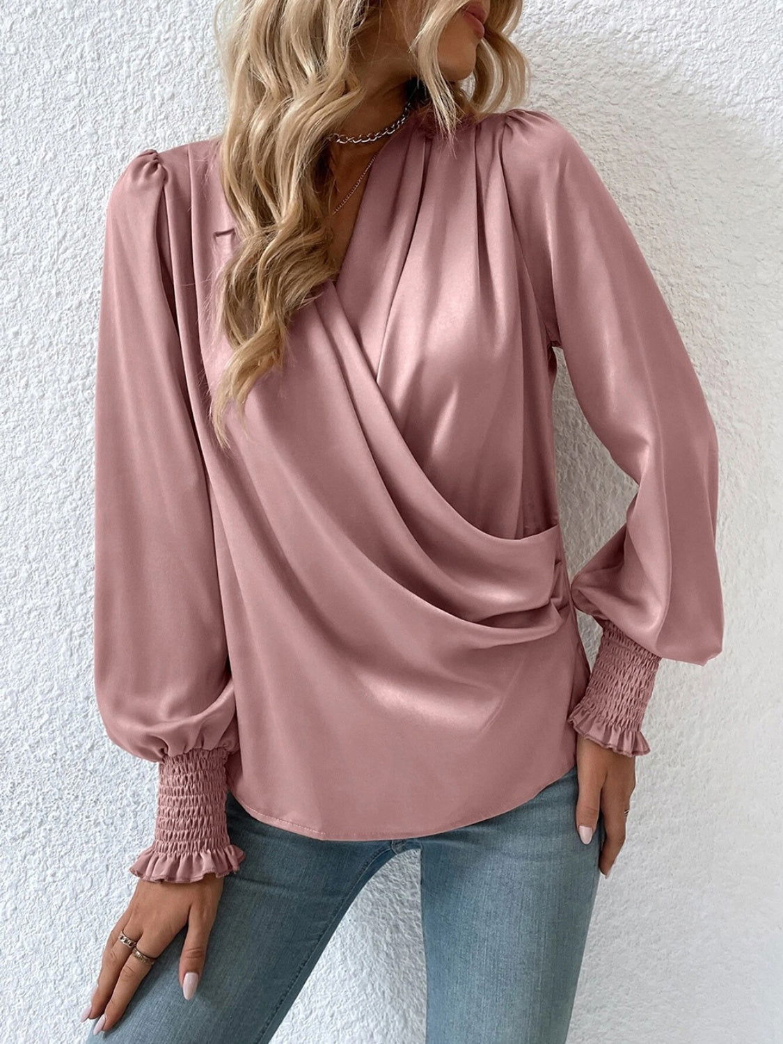 Surplice Smocked Lantern Sleeve Blouse - JDrop.Shop