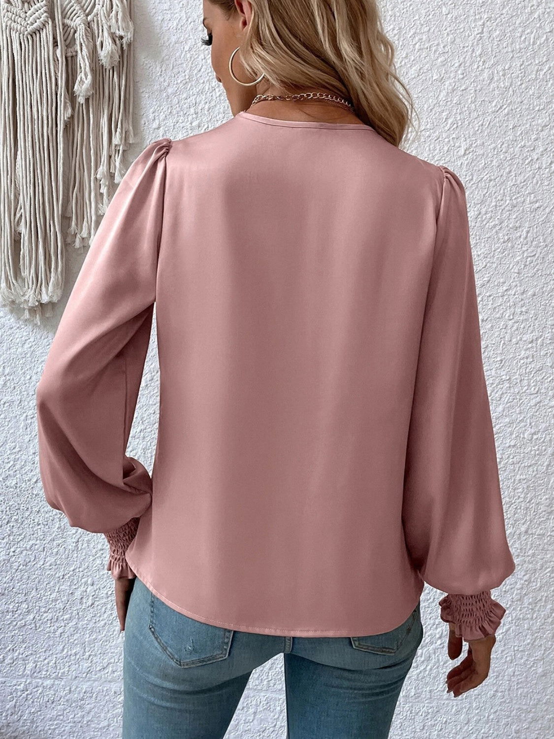 Surplice Smocked Lantern Sleeve Blouse - JDrop.Shop