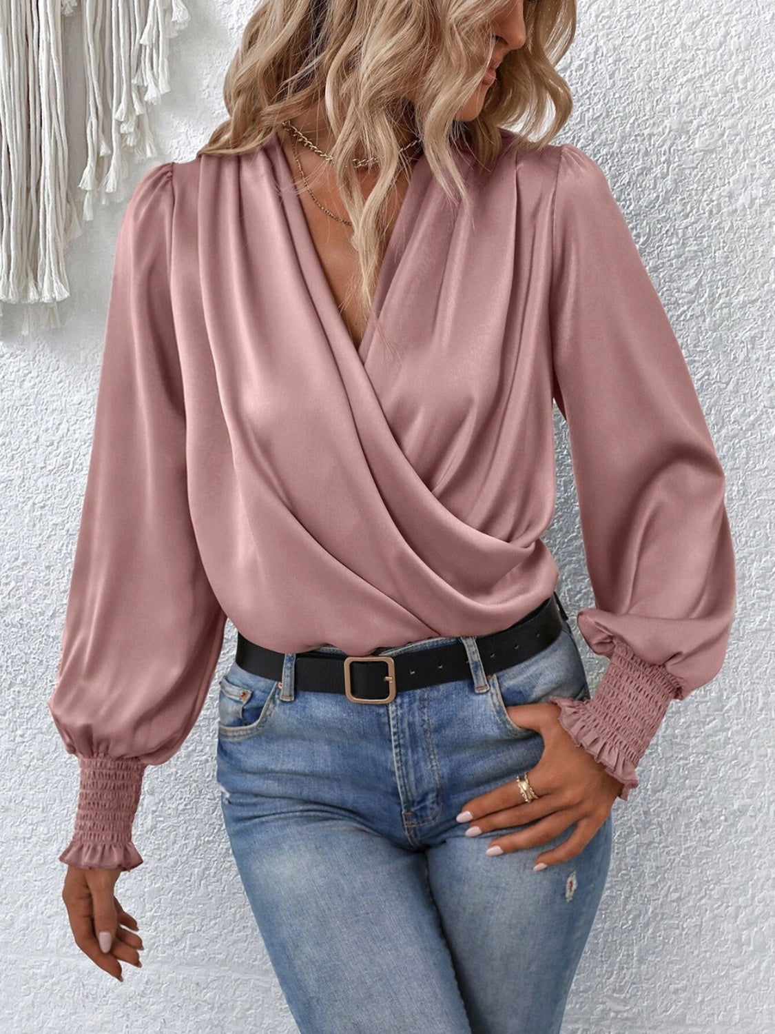 Surplice Smocked Lantern Sleeve Blouse - JDrop.Shop