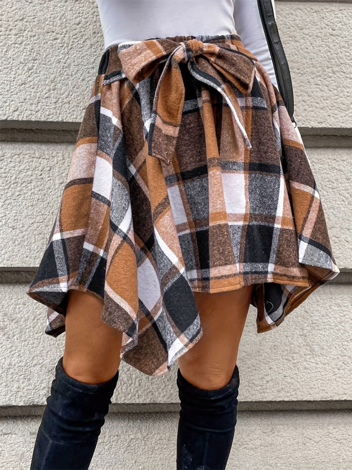 Tied Plaid Asymmetrical Hem Skirt - JDrop.Shop