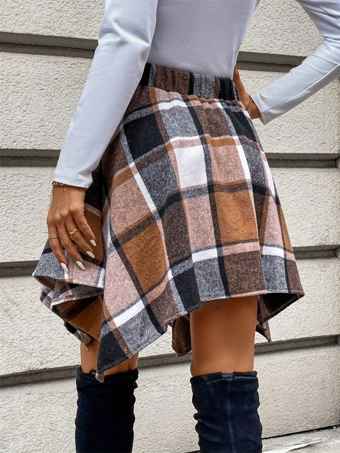 Tied Plaid Asymmetrical Hem Skirt - JDrop.Shop