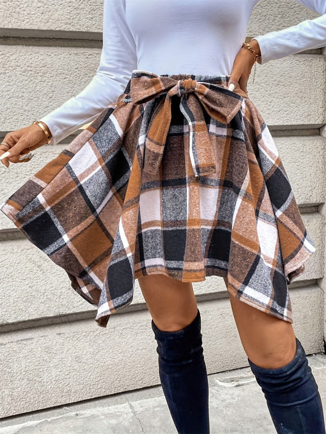 Tied Plaid Asymmetrical Hem Skirt - JDrop.Shop