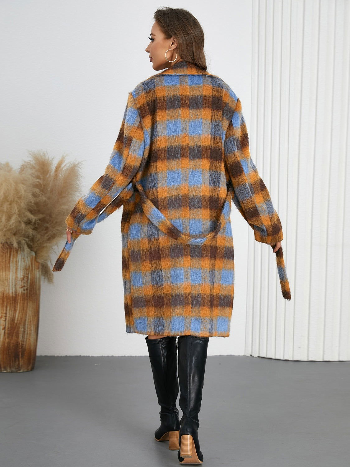 Tied Plaid Collared Neck Coat - JDrop.Shop