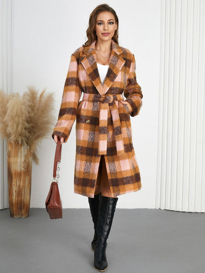 Tied Plaid Collared Neck Coat - JDrop.Shop