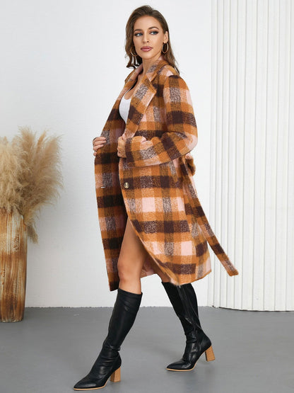 Tied Plaid Collared Neck Coat - JDrop.Shop