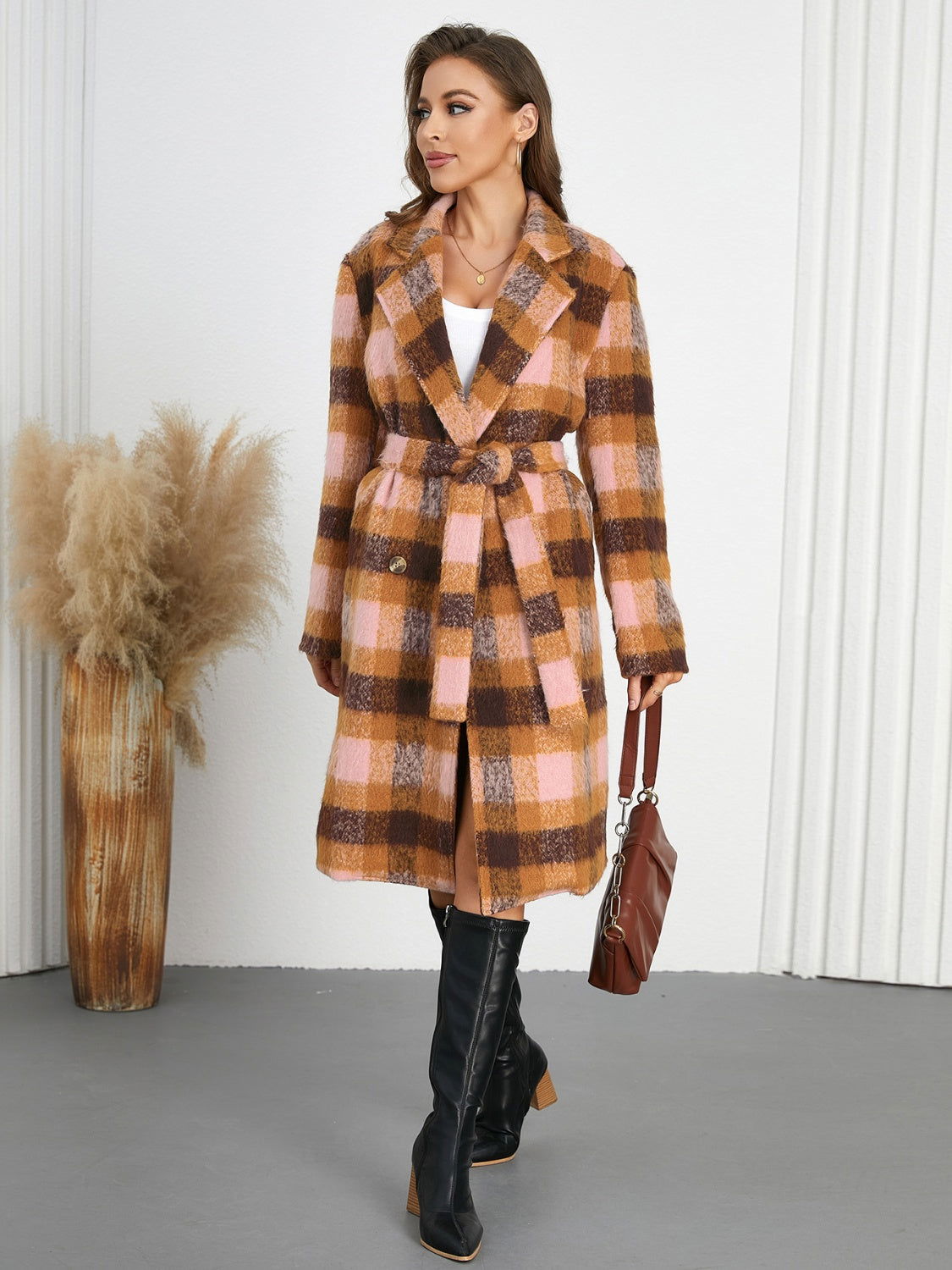 Tied Plaid Collared Neck Coat - JDrop.Shop