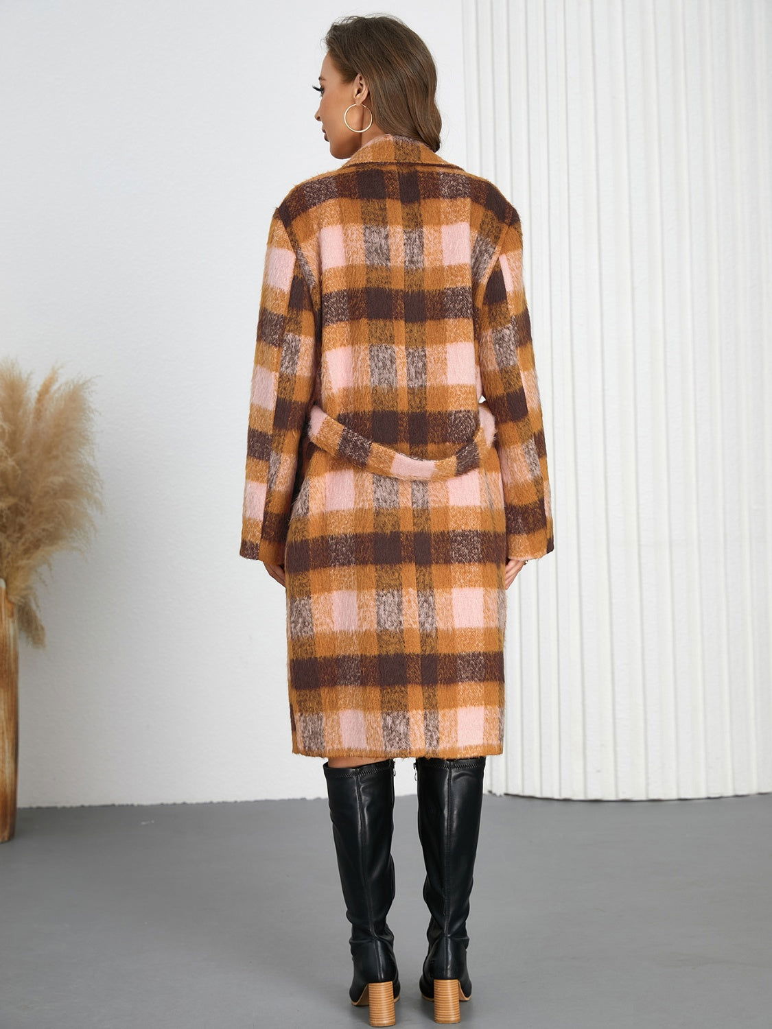 Tied Plaid Collared Neck Coat - JDrop.Shop