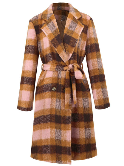 Tied Plaid Collared Neck Coat - JDrop.Shop