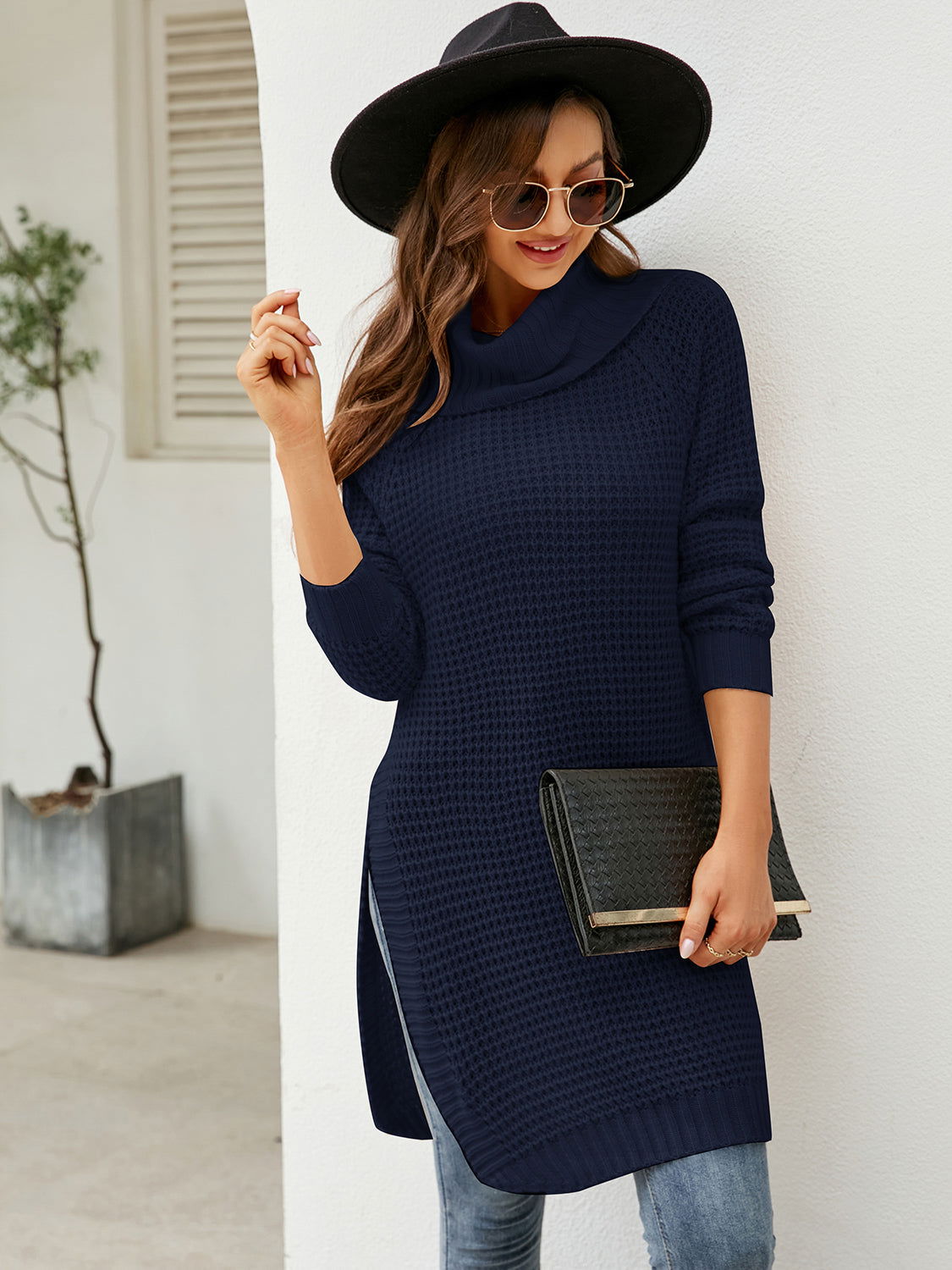 Turtleneck Waffle-Knit Slit Sweater Dress - JDrop.Shop