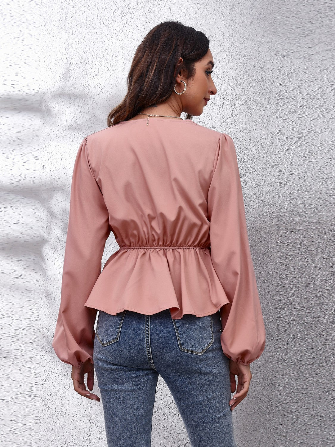 V-Neck Balloon Sleeve Peplum Blouse - JDrop.Shop