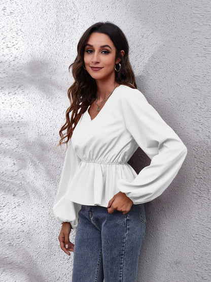 V-Neck Balloon Sleeve Peplum Blouse - JDrop.Shop