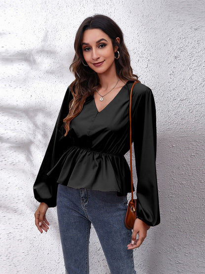 V-Neck Balloon Sleeve Peplum Blouse - JDrop.Shop