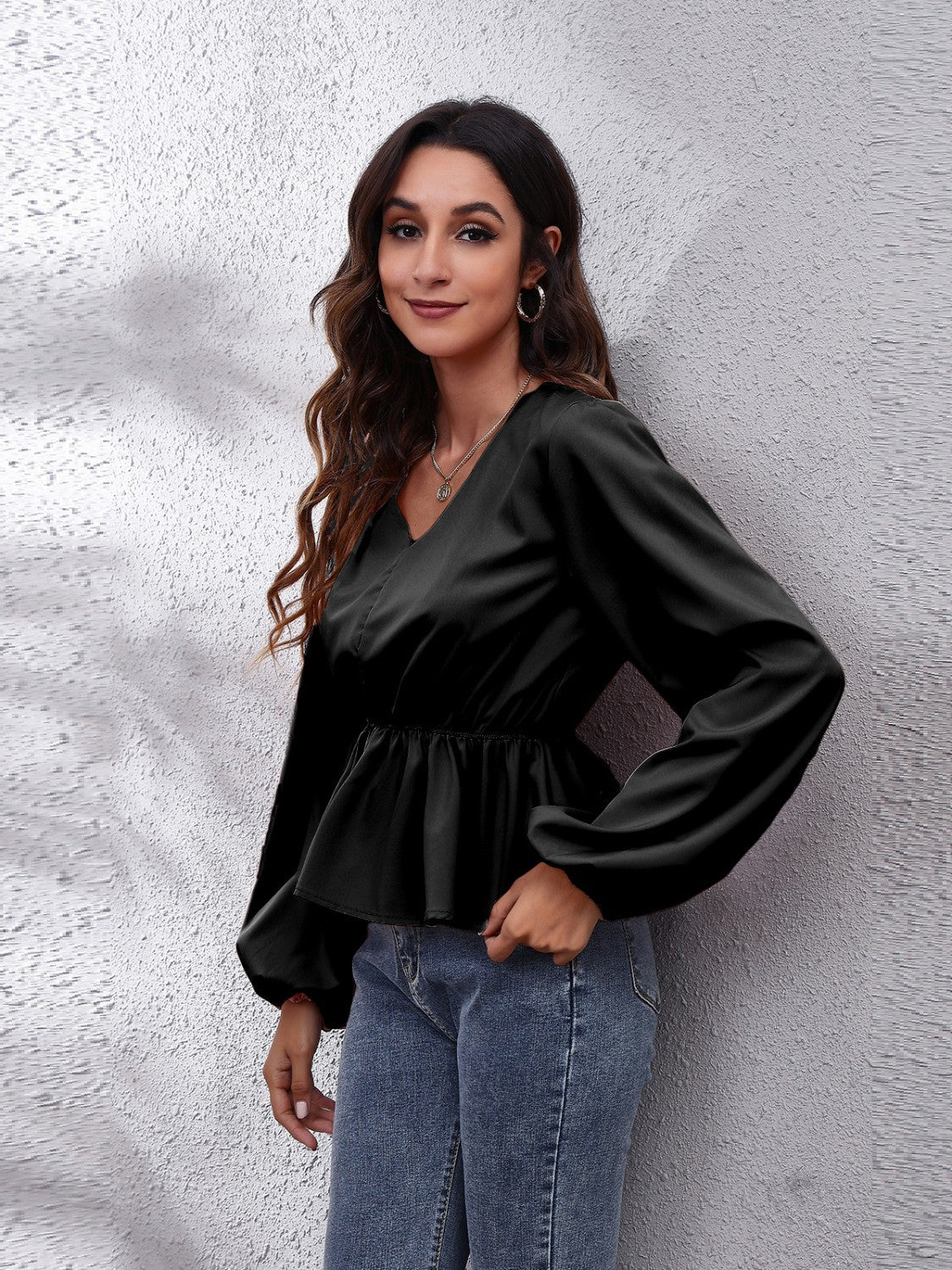 V-Neck Balloon Sleeve Peplum Blouse - JDrop.Shop