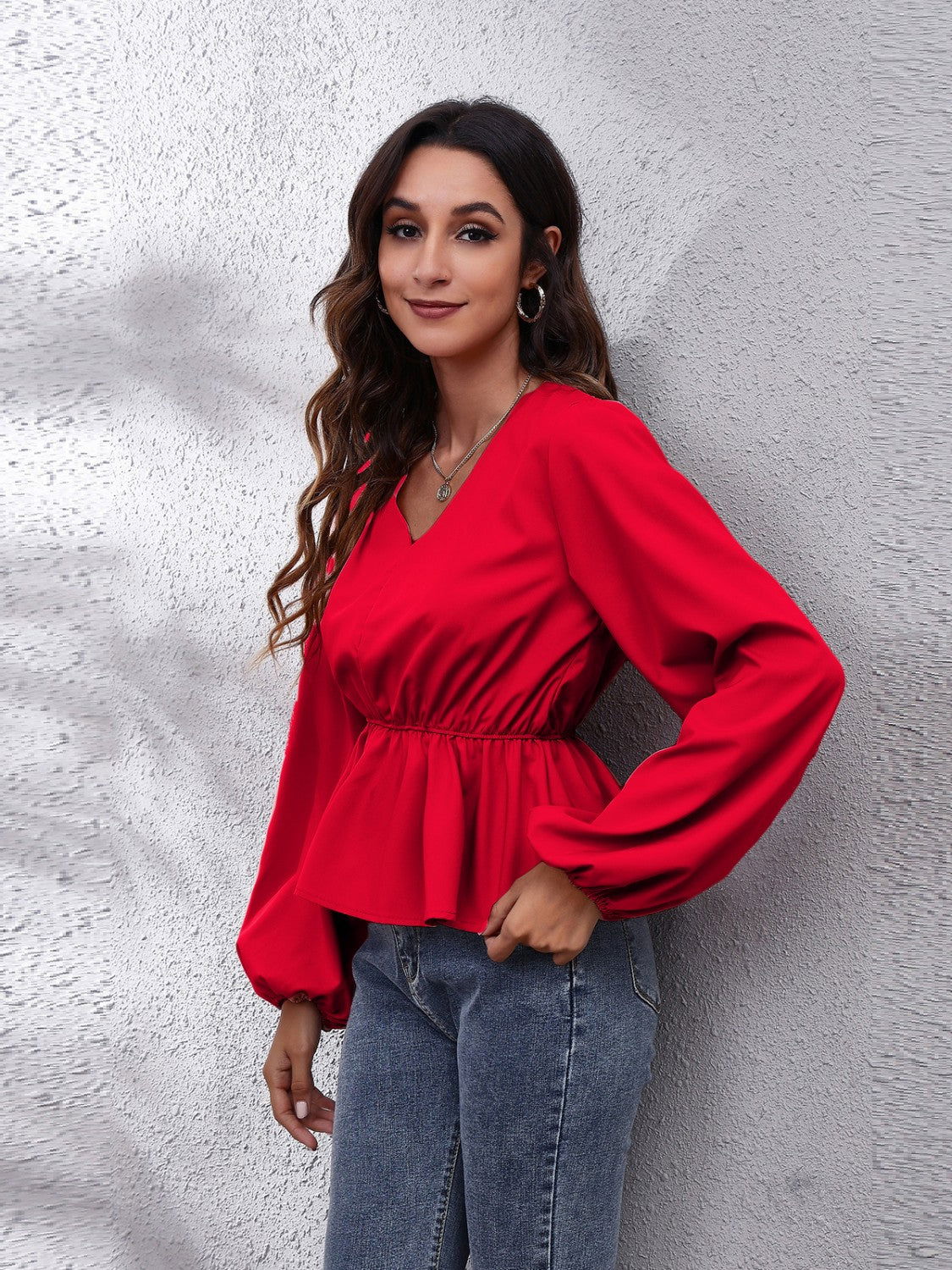 V-Neck Balloon Sleeve Peplum Blouse - JDrop.Shop