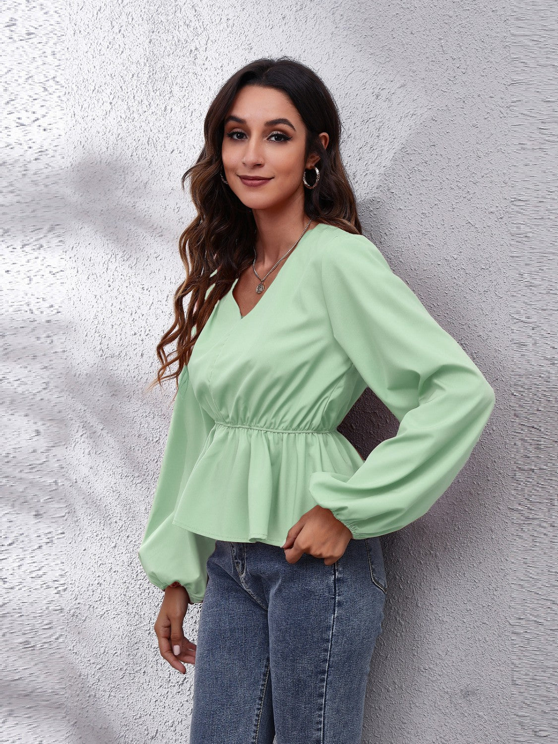 V-Neck Balloon Sleeve Peplum Blouse - JDrop.Shop