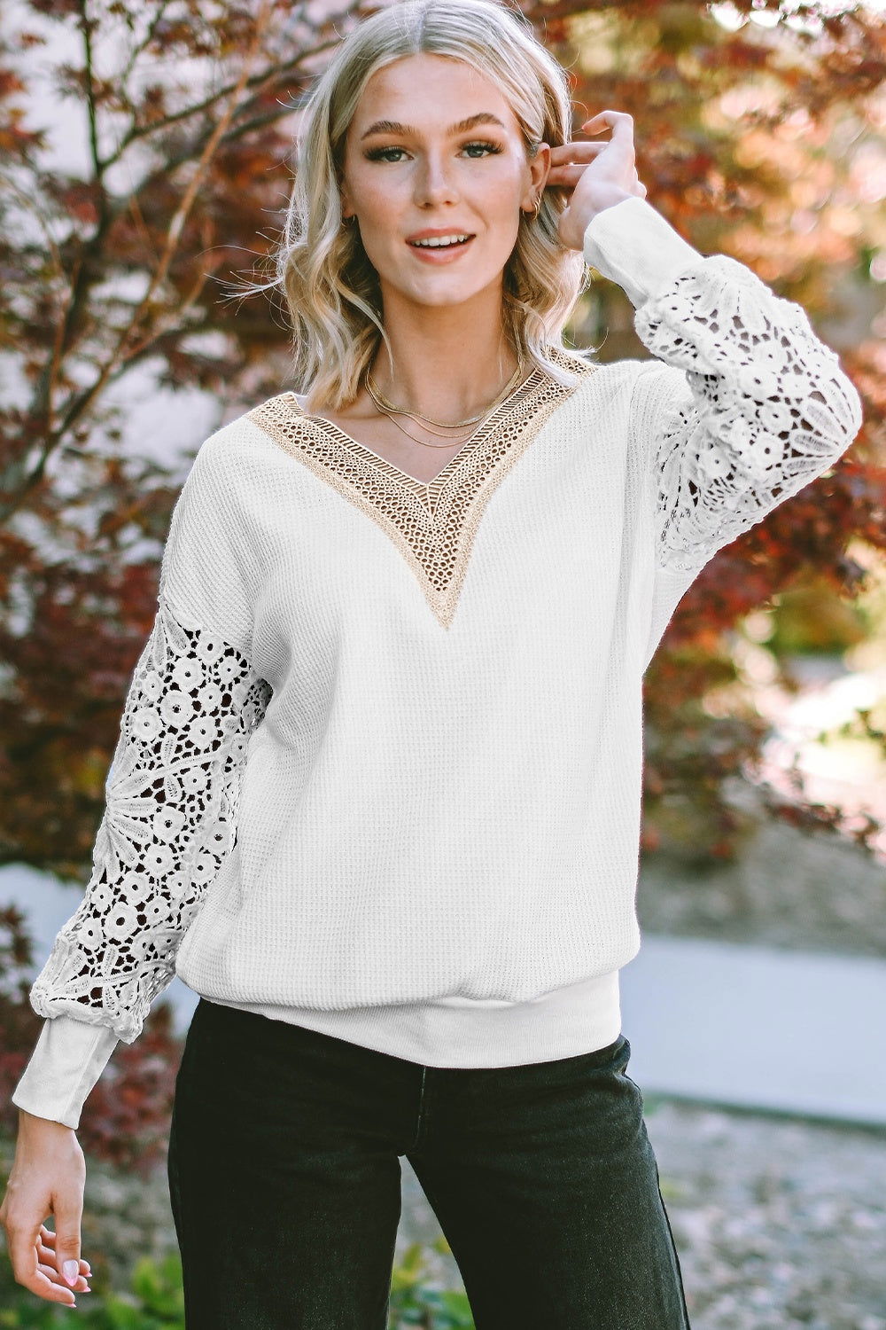 V-Neck Crochet Long Sleeve Blouse - JDrop.Shop