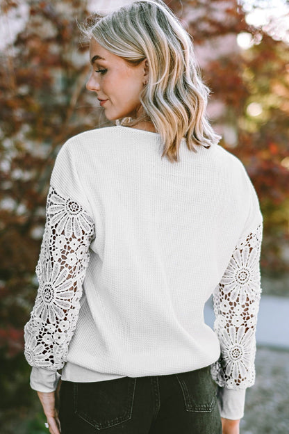 V-Neck Crochet Long Sleeve Blouse - JDrop.Shop