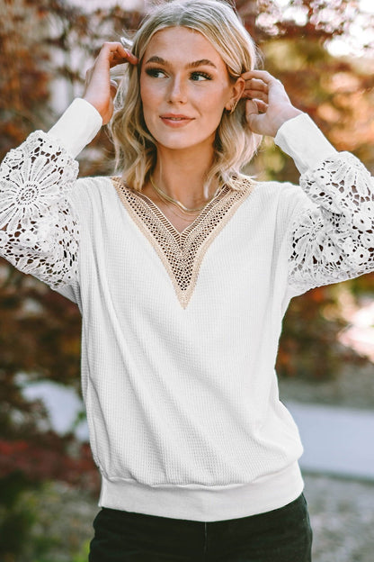 V-Neck Crochet Long Sleeve Blouse - JDrop.Shop