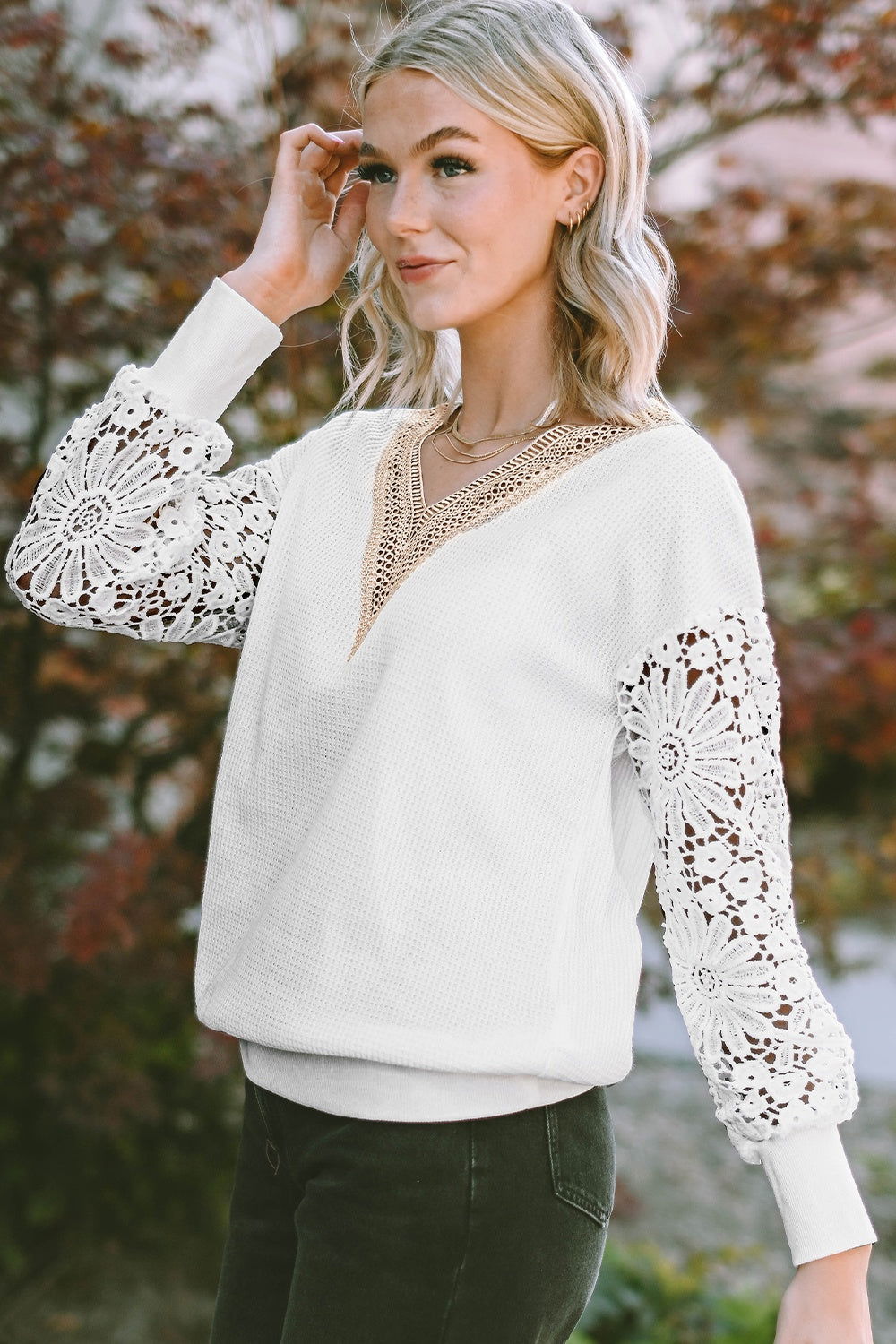 V-Neck Crochet Long Sleeve Blouse - JDrop.Shop