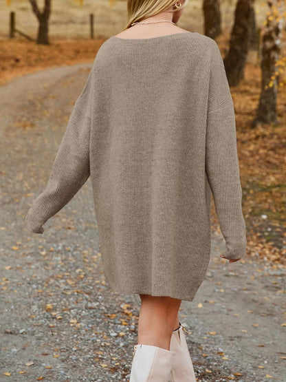 V-Neck Dropped Shoulder Sweater Dress - JDrop.Shop