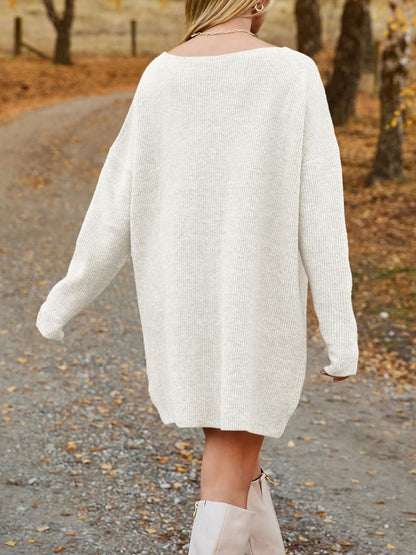 V-Neck Dropped Shoulder Sweater Dress - JDrop.Shop