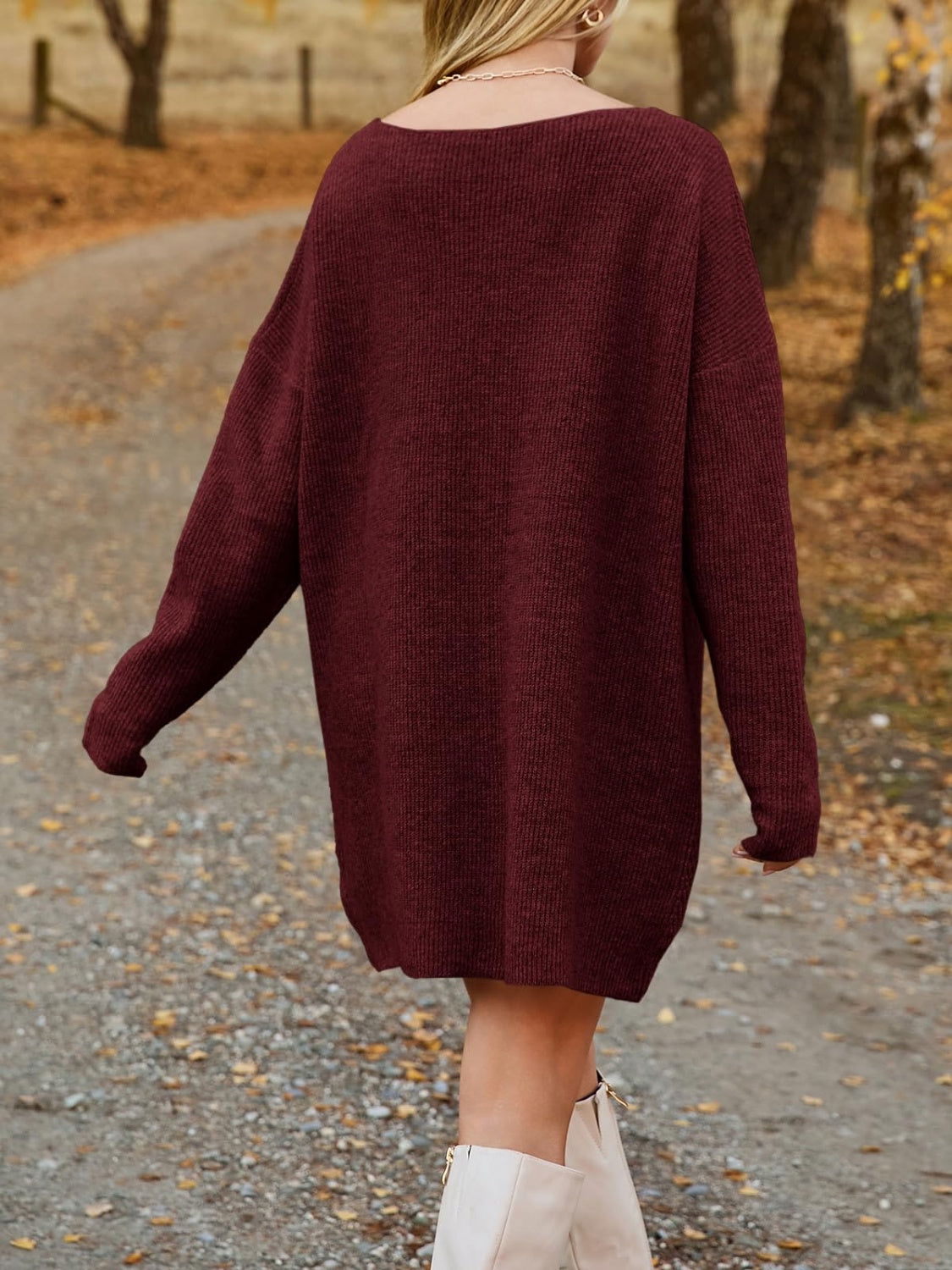 V-Neck Dropped Shoulder Sweater Dress - JDrop.Shop