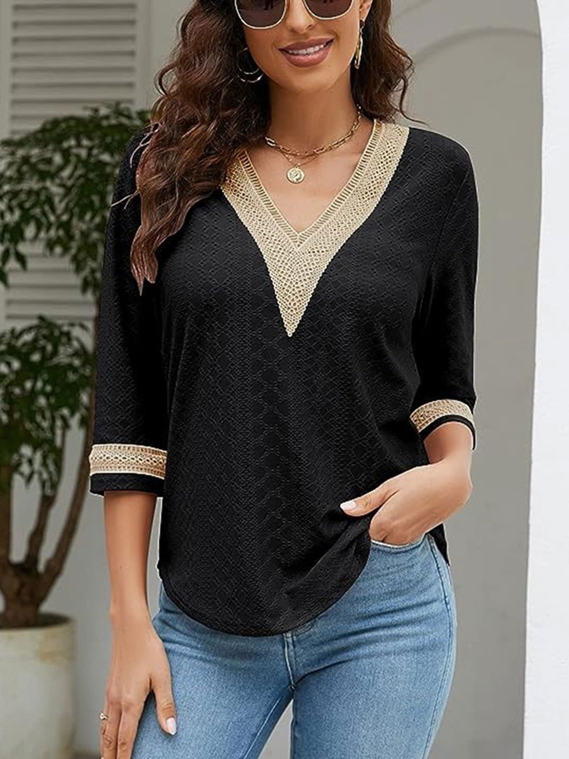 V-Neck Eyelet Blouse - JDrop.Shop