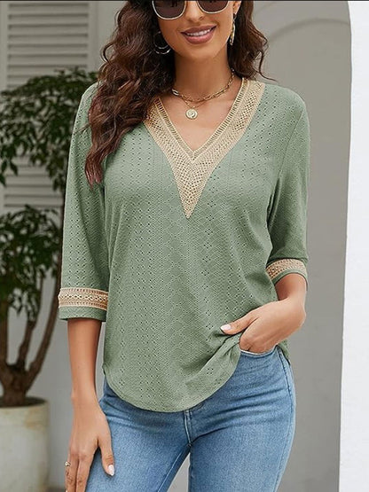 V-Neck Eyelet Blouse - JDrop.Shop