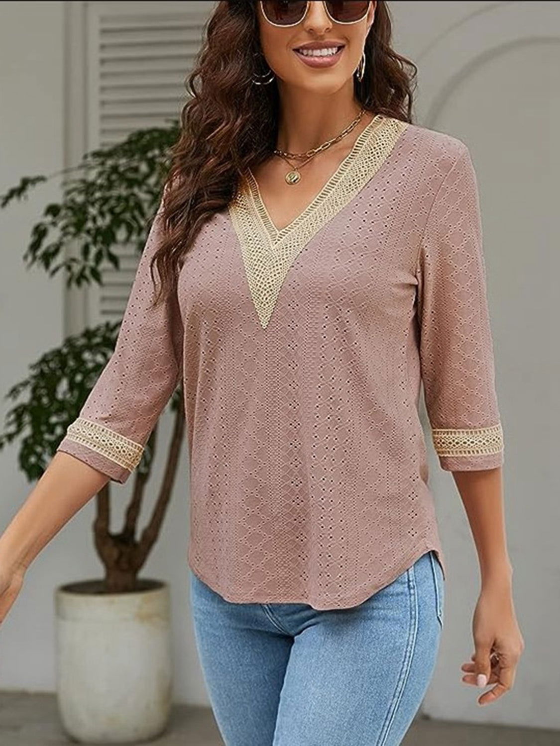 V-Neck Eyelet Blouse - JDrop.Shop