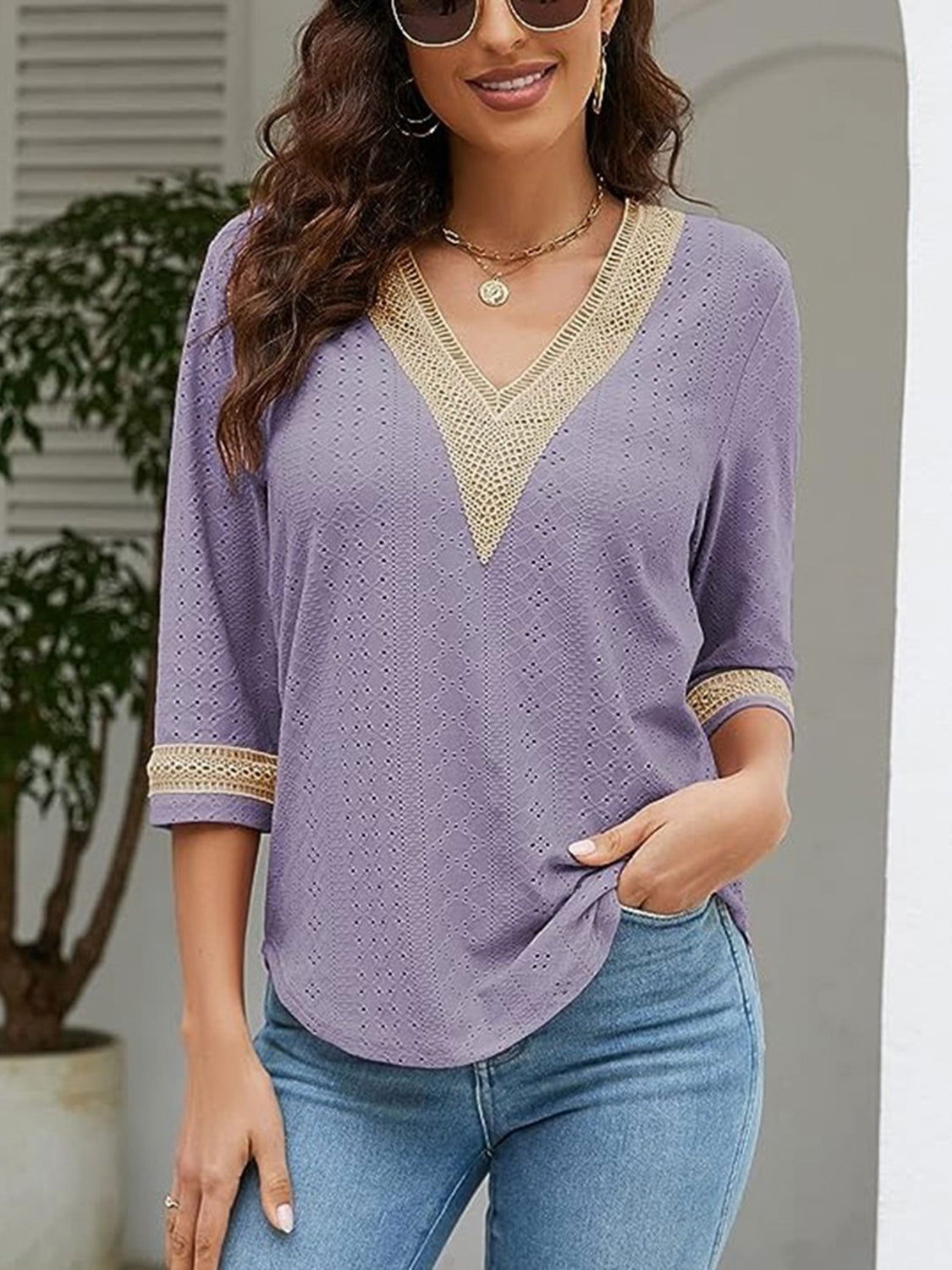 V-Neck Eyelet Blouse - JDrop.Shop