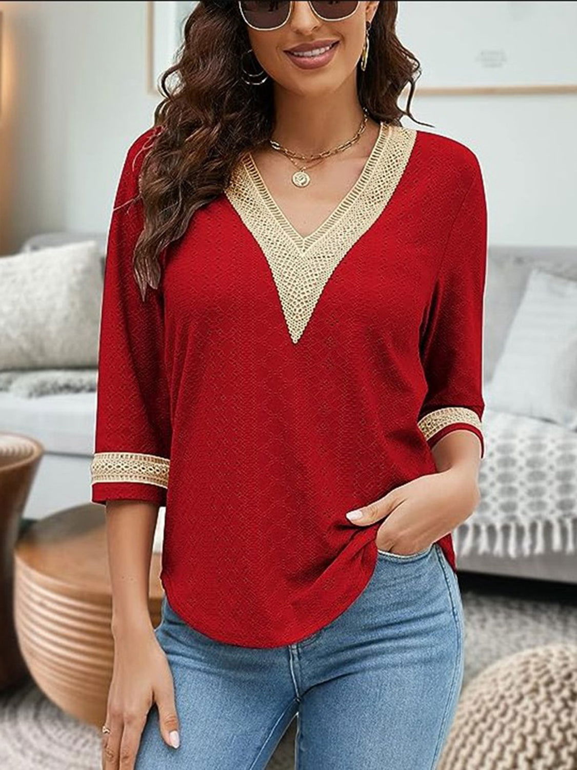 V-Neck Eyelet Blouse - JDrop.Shop