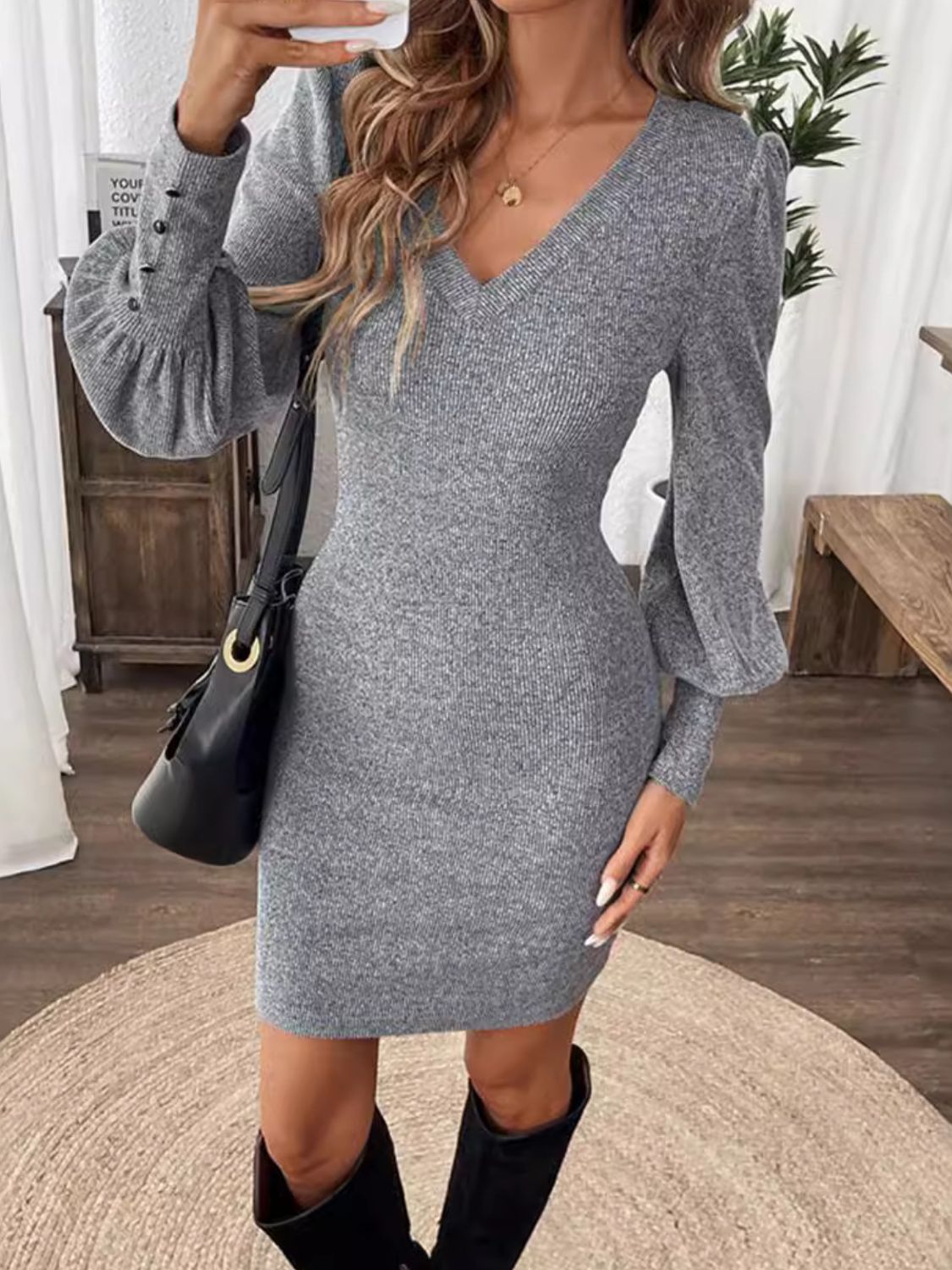 V-Neck Lantern Sleeve Dress - JDrop.Shop