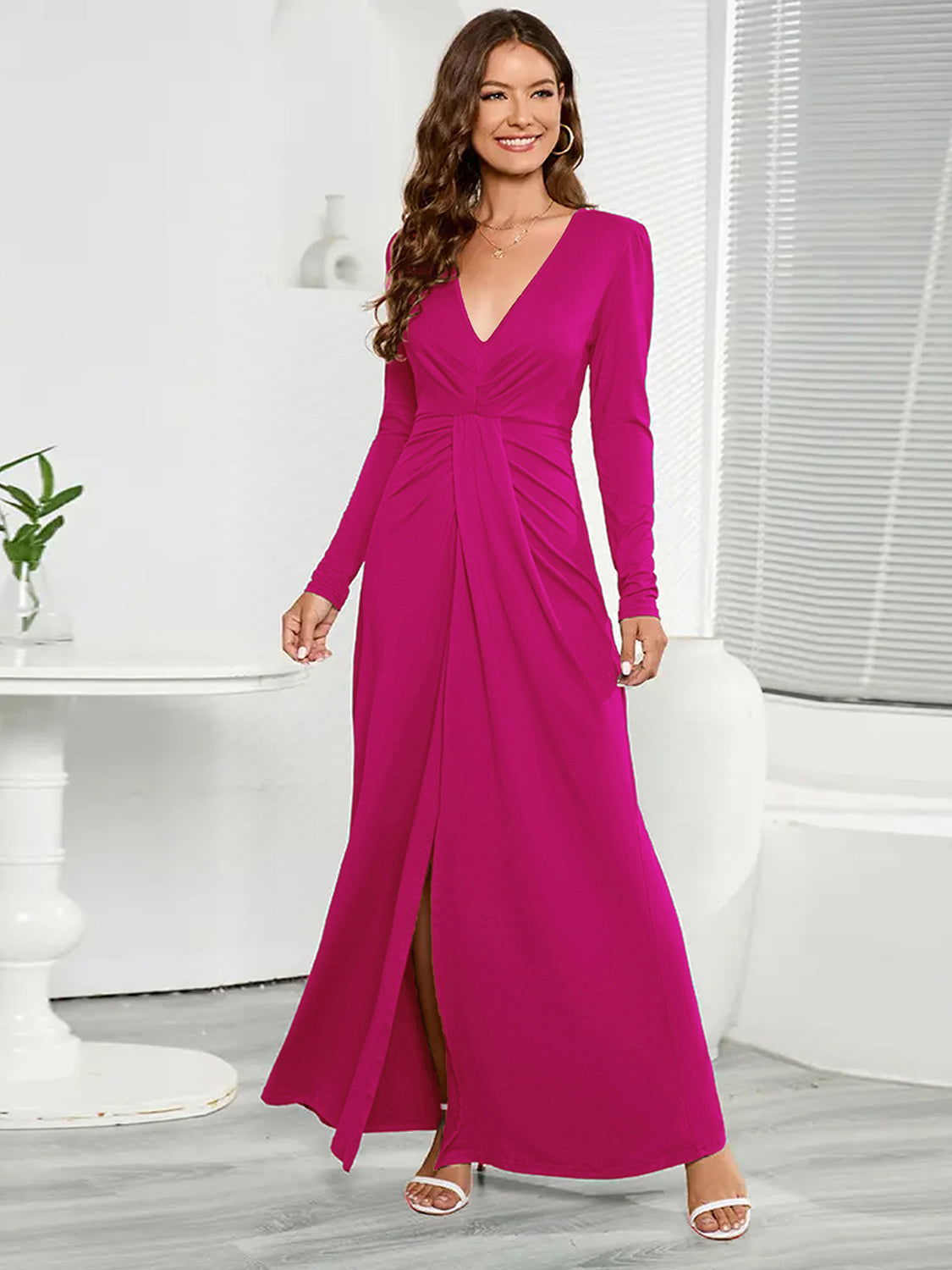 V-Neck Long Sleeve Split Dress - JDrop.Shop