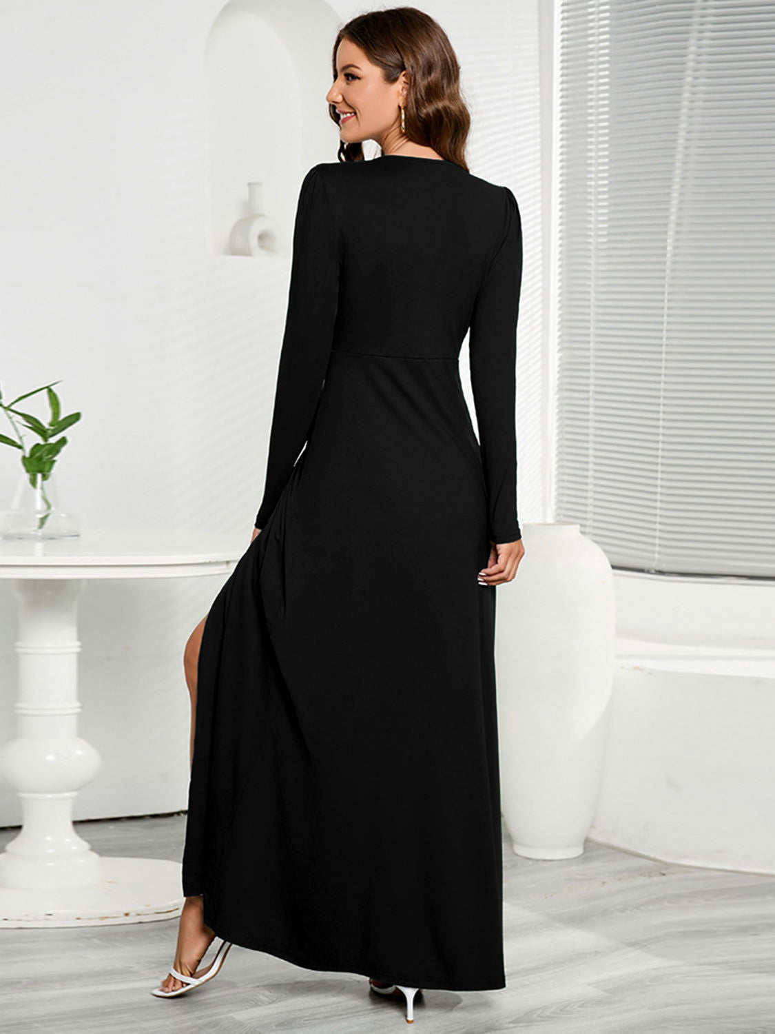 V-Neck Long Sleeve Split Dress - JDrop.Shop