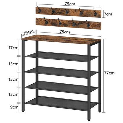 4-tier Wooden Rustic Foyer Shoe Rack With Coat Hook