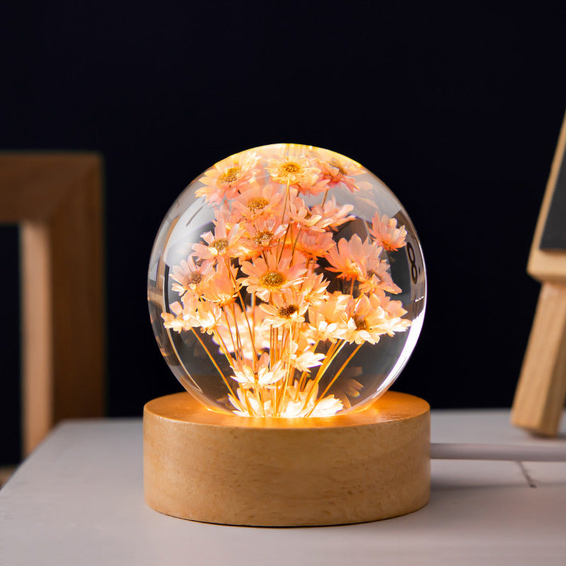 Luminous 3D Dandelion Crystal Ball Beech Wood Stand Base Preserved Flower Sphere Ball Desktop Ornaments Bithday Christmas Gifts