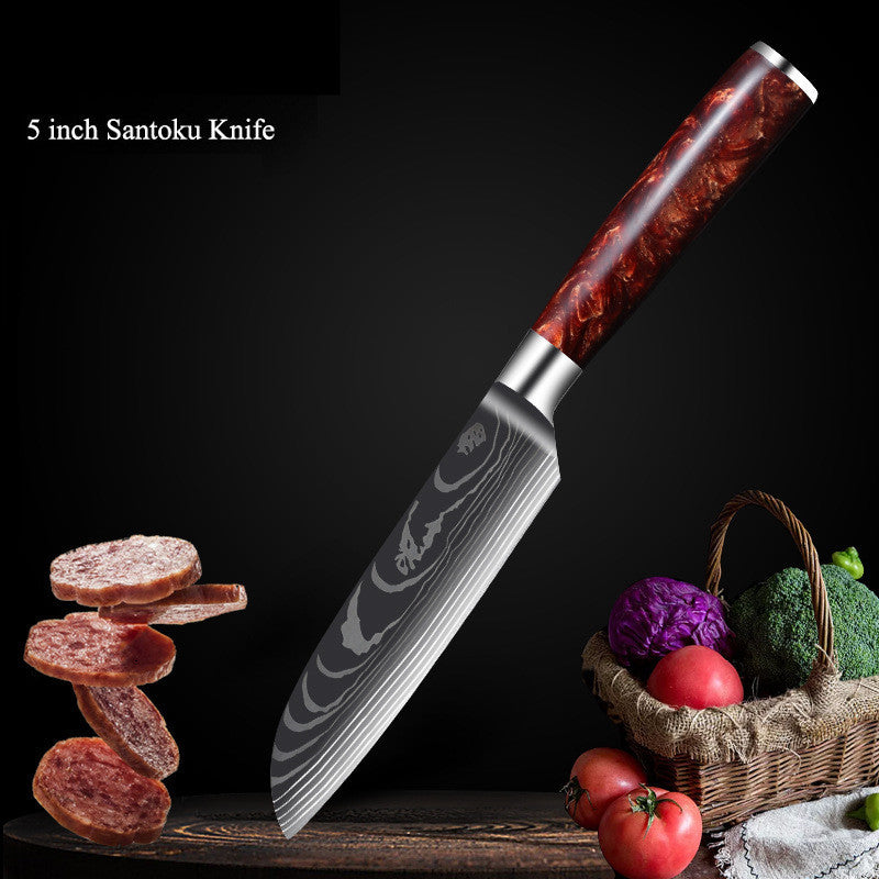 Red Resin Handle Damascus Laser Pattern Set Kitchen Knife