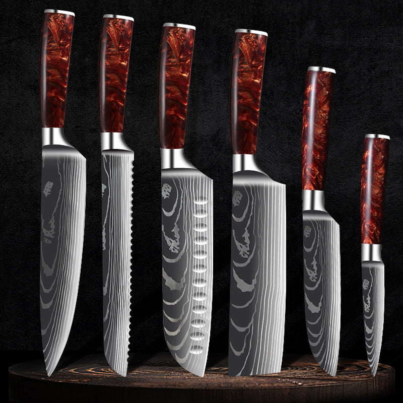 Red Resin Handle Damascus Laser Pattern Set Kitchen Knife