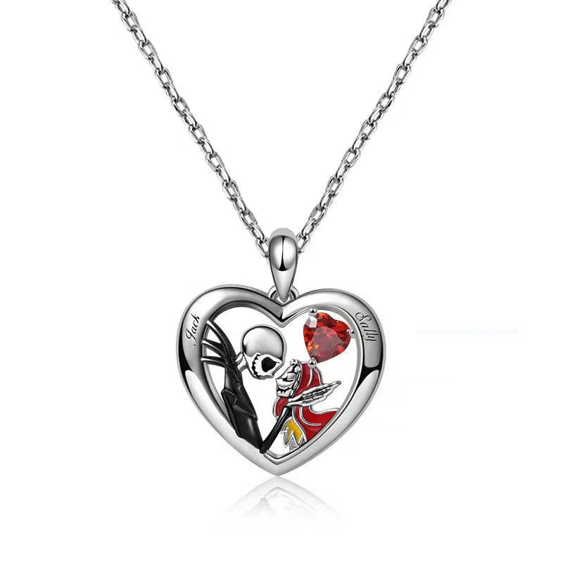 Nightmare Before Christmas Jack & Sally Heart Necklace